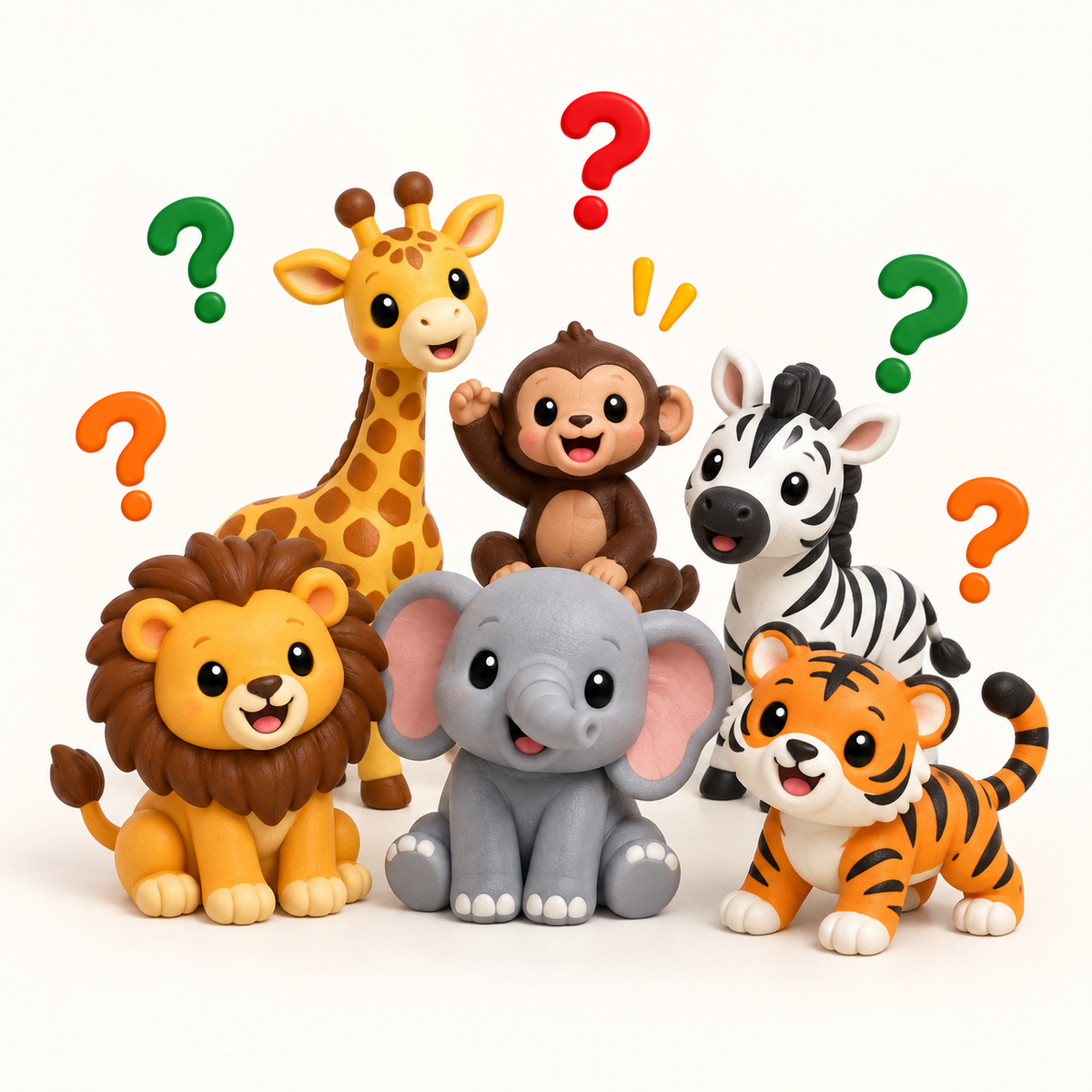 Figurines d'animaux avec des points d'interrogation
