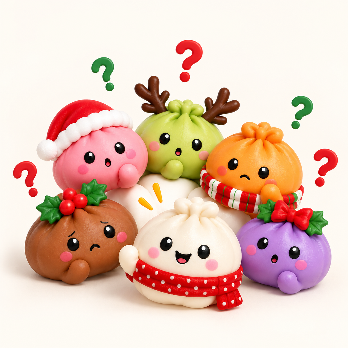 Squishies dumplings avec des points d'interrogation